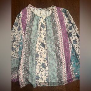 Loft purple green mixed print bohemian style print blouse - large
